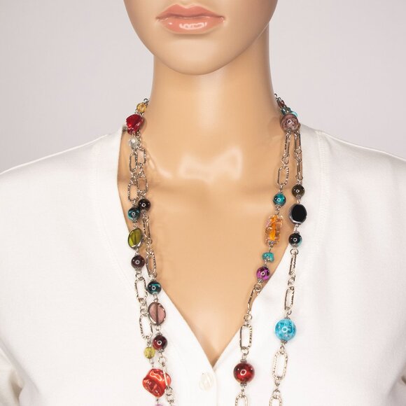Long Necklace With Chains And Colorful Faux Stones - Picture 7 of 15
